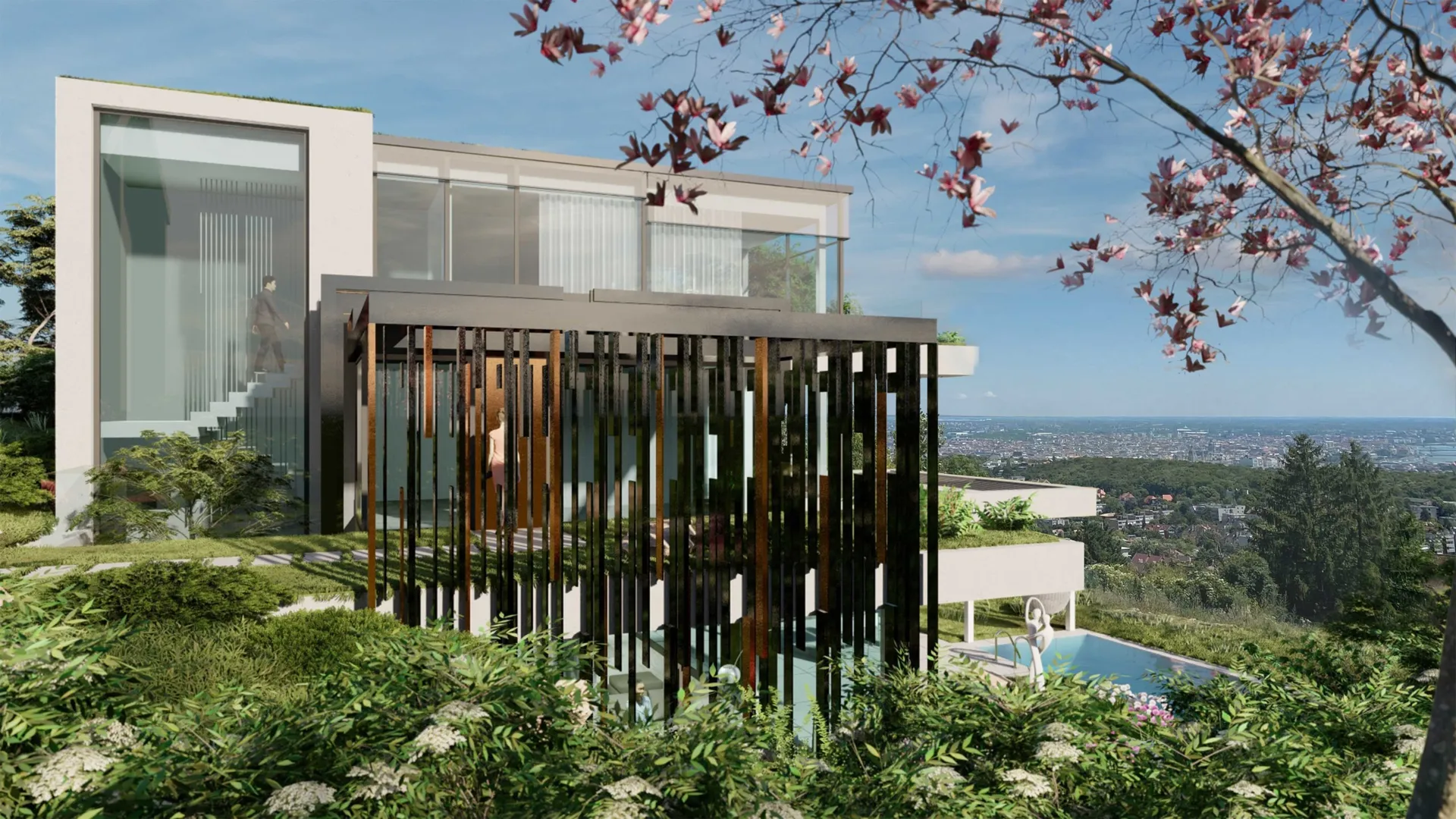 A hegyoldalban modern villa. Bronz oszlopok. Rózsaszín virágok a fán. A kert tervezés komplex. Egy nő sétál a bokrok között. Egy férfi pedig a fehér lépcsőn. Táncoló szobrok a medence mellett.